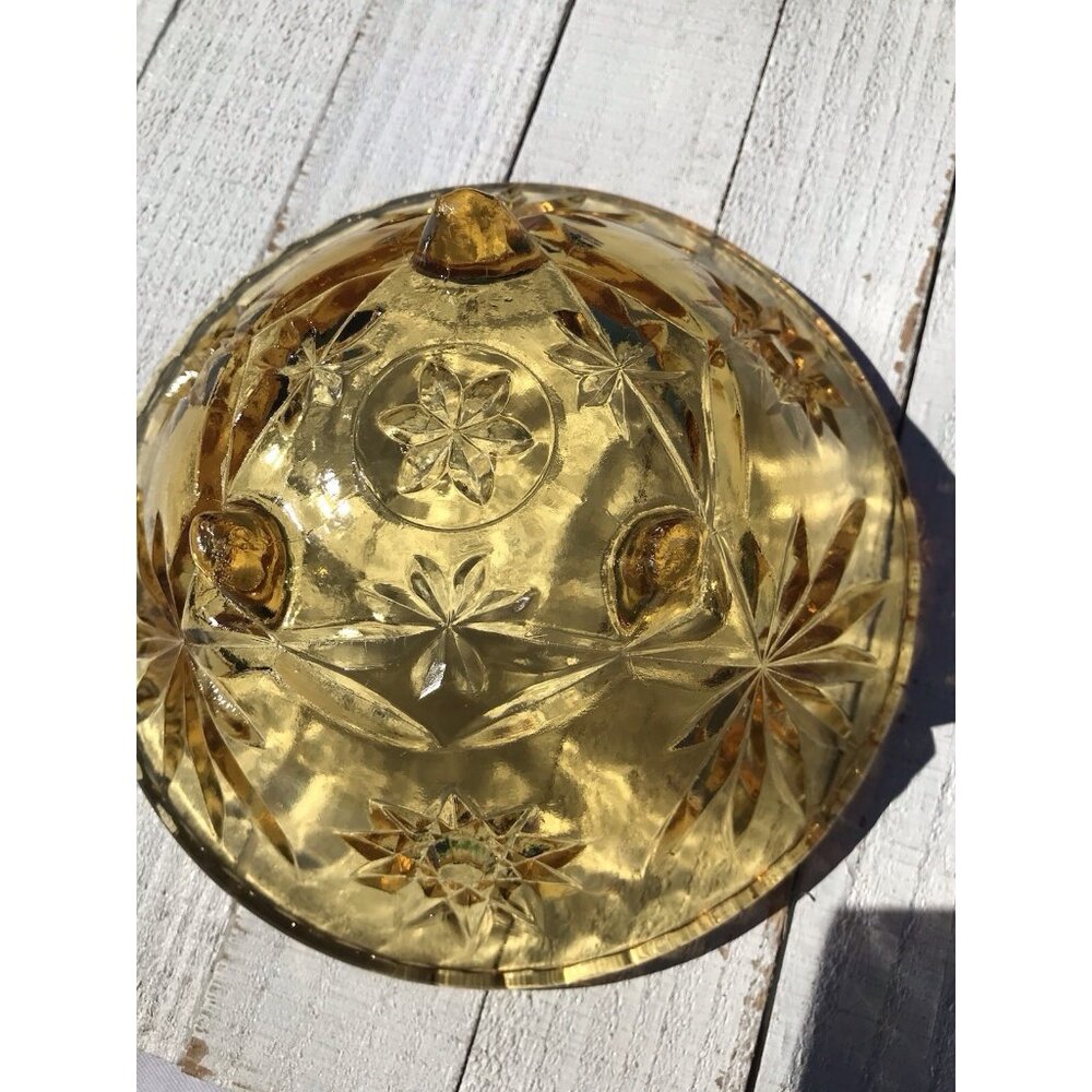 Vtg MCM Anchor Hocking Amber Glass Footed Candy Bowl Gold Nut Dish stars pattern